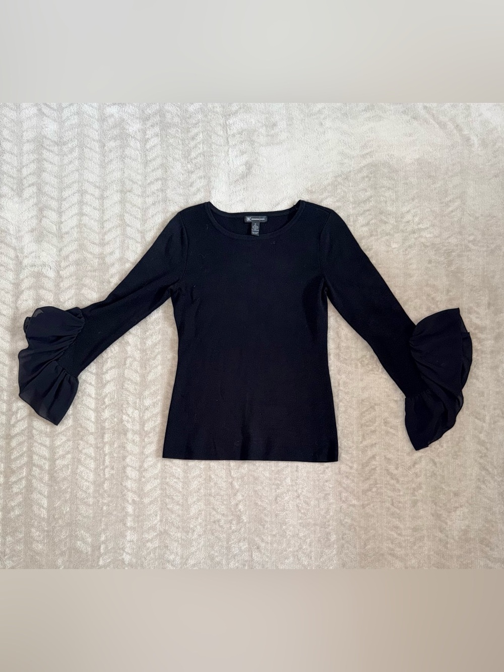 INC Romantic Goth Black Chiffon Bell Sleeve Knit Sweater | Size Medium